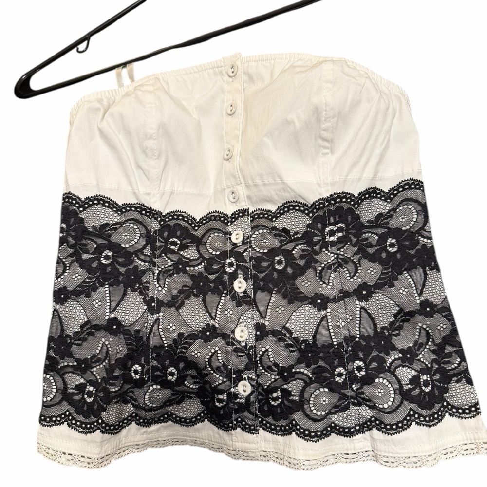 Guess White and Black Lace Strapless Top